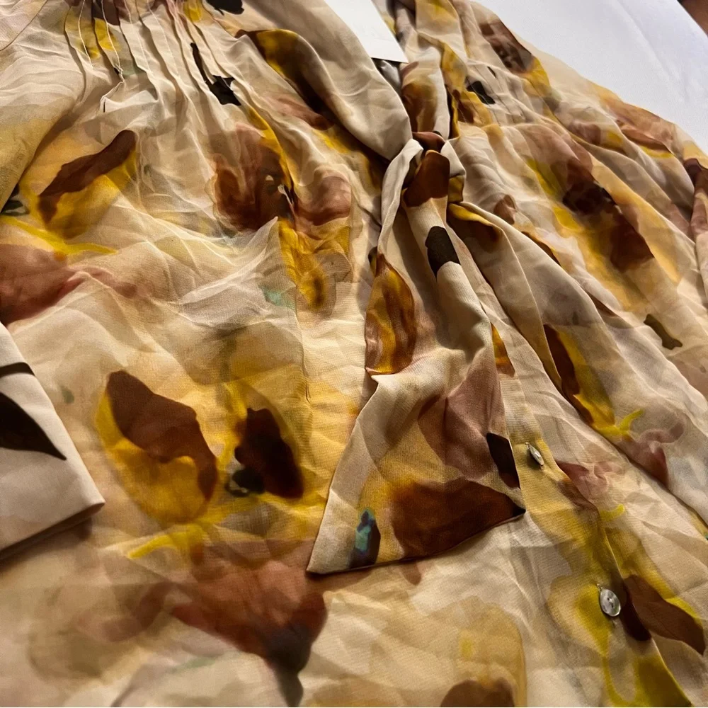 ZARA Scarf Detail Floral Print Oversized Shirt | Ecru/Yellow - Picture 9 of 14